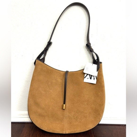 NWT ZARA Suede Leather Shoulder Bag – Brown Cowhide & Camel - Equestrian Boho - Picture 6 of 17